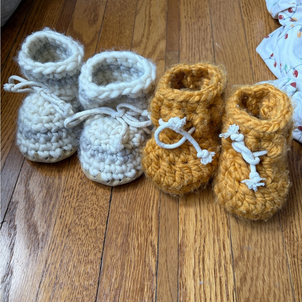 Knit Baby Booties - Cream and Mustard